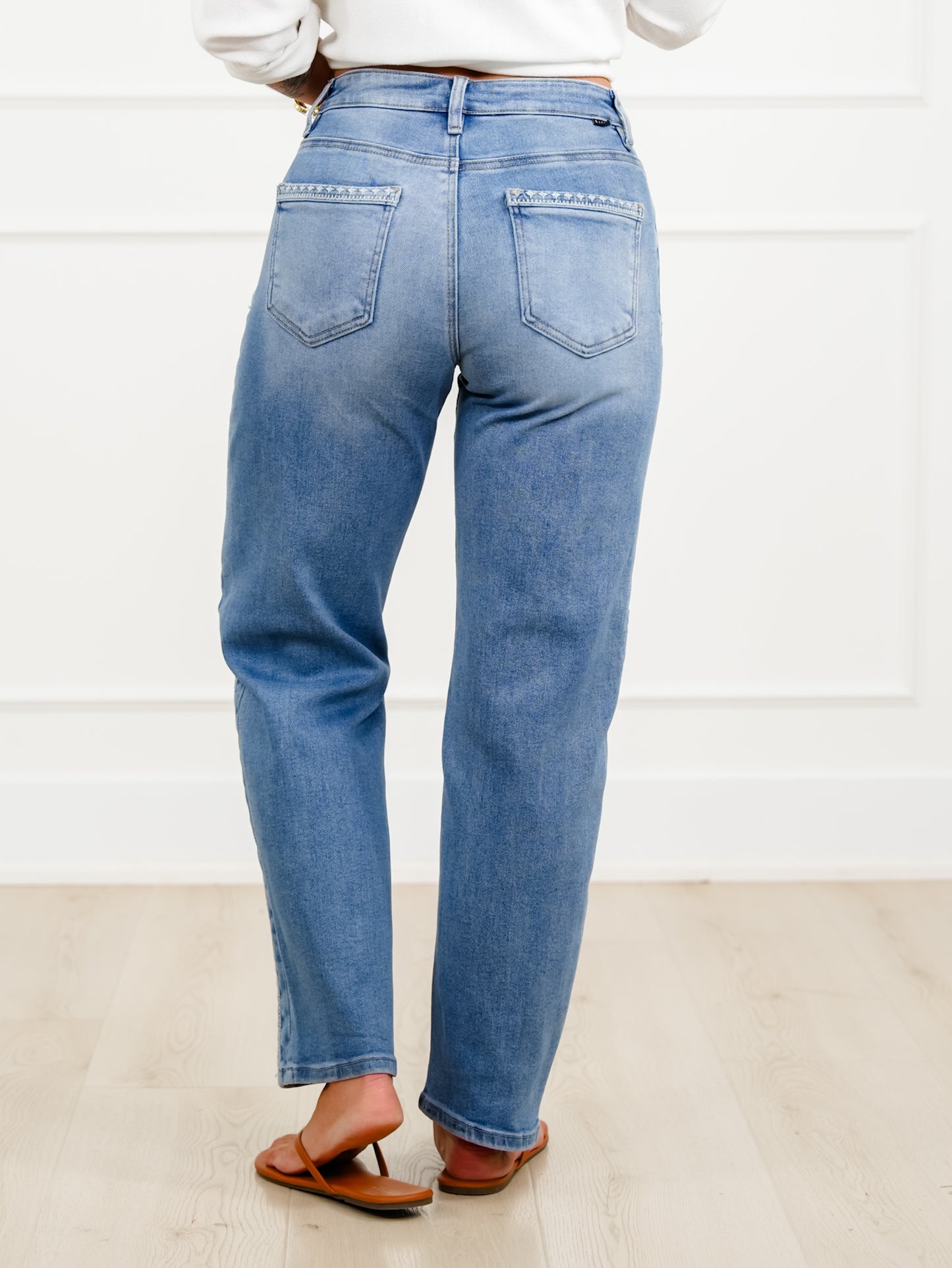 Risen High Rise Medium Wash Barrel Jeans with Embroidered Side Accents