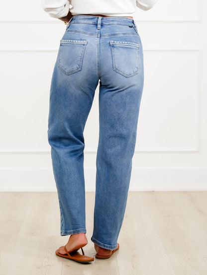 Risen High Rise Medium Wash Barrel Jeans with Embroidered Side Accents