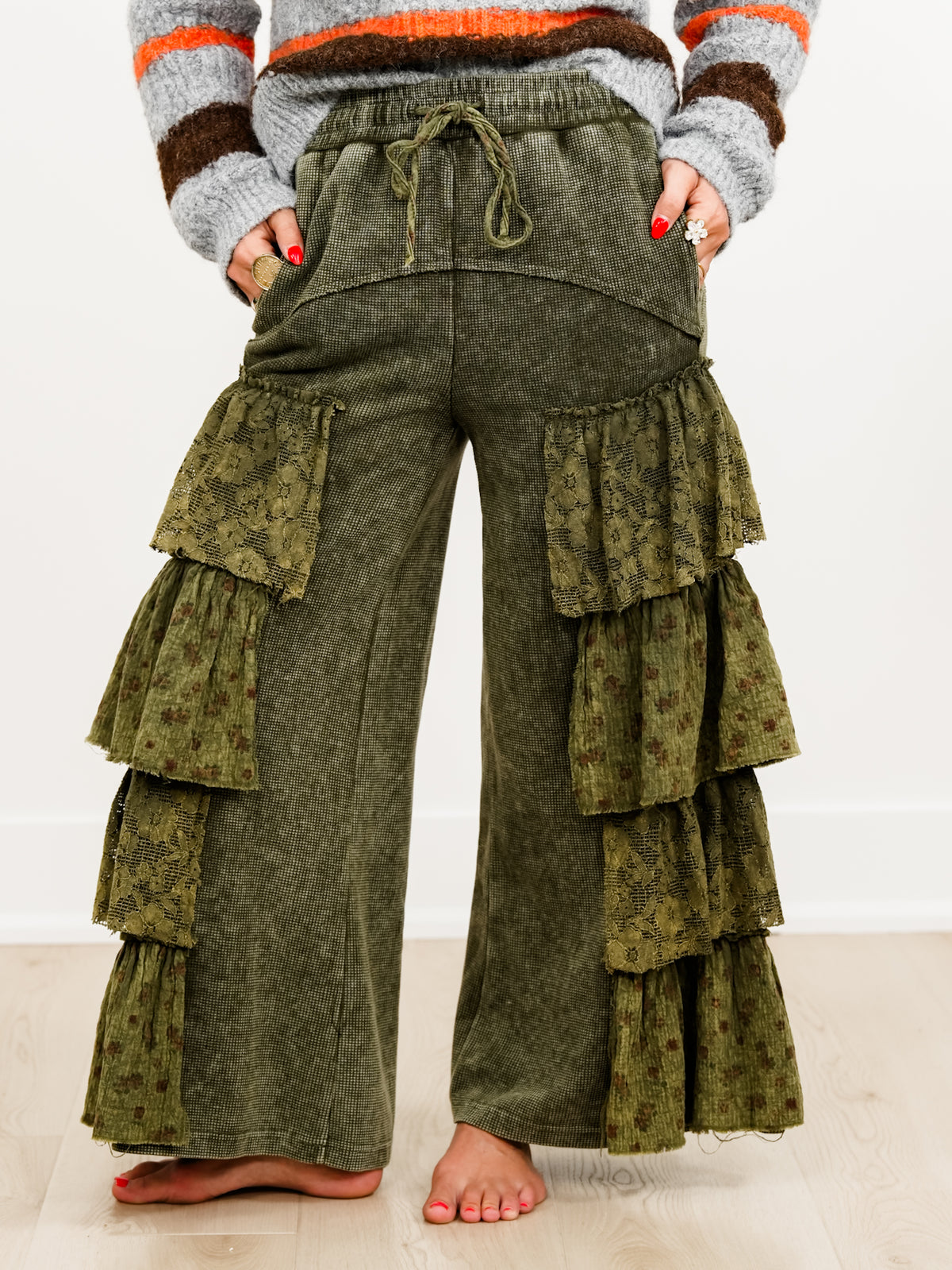POL Thermal Elastic Waist Tiered Ruffle Wide Leg Pants