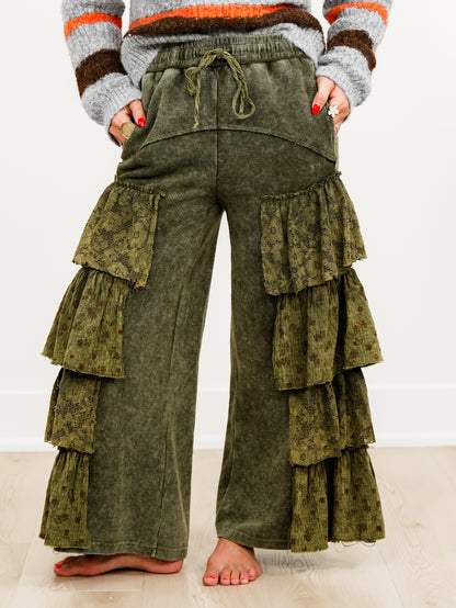 POL Thermal Elastic Waist Tiered Ruffle Wide Leg Pants