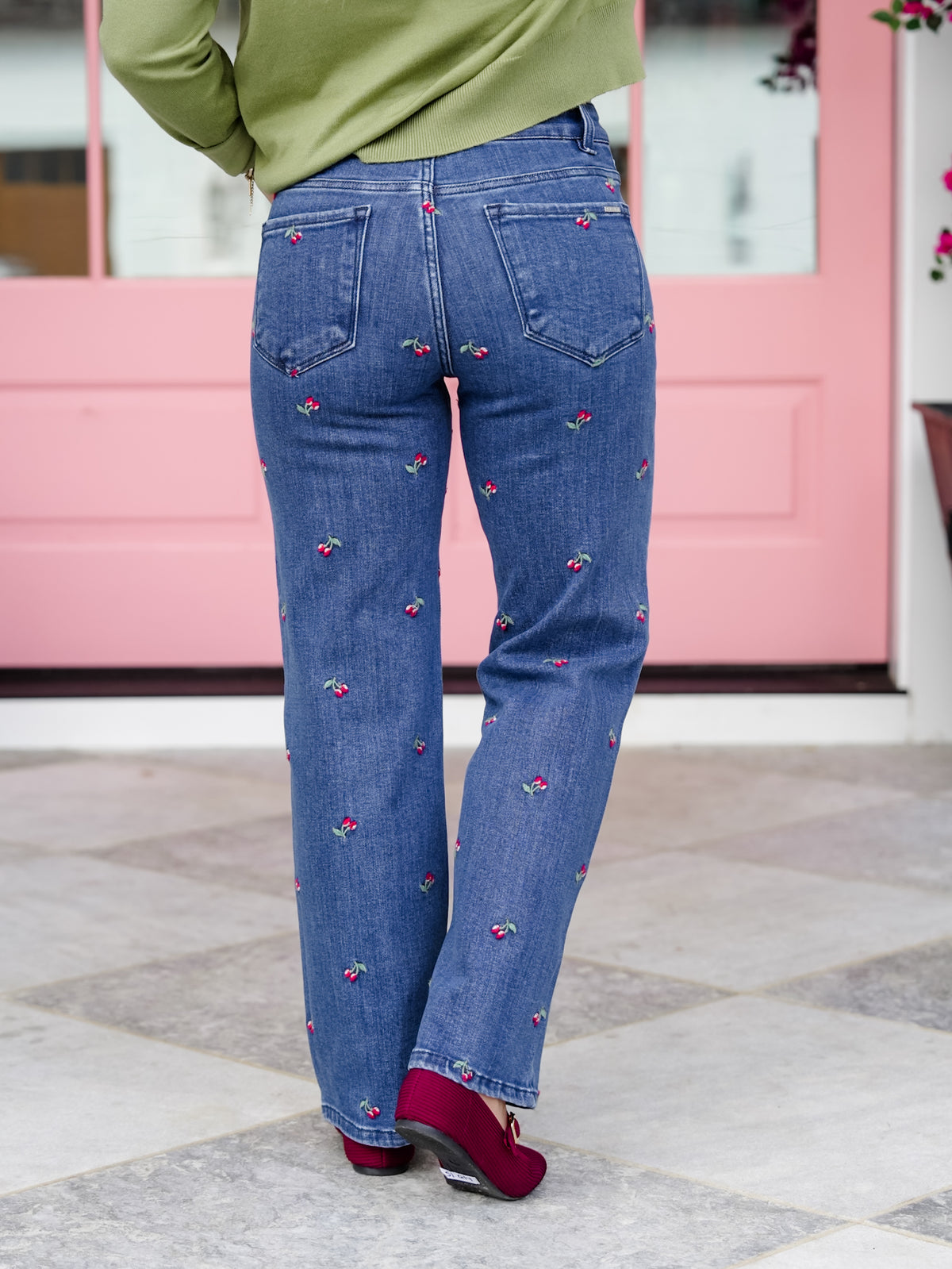 Risen High Rise Dark Wash Tummy Control Straight Leg Jeans With Embroidered Cherries