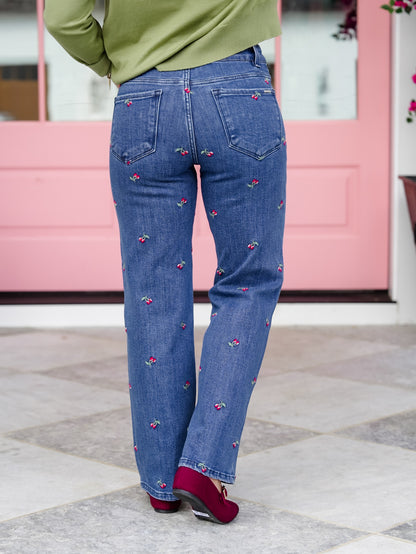 Risen High Rise Dark Wash Tummy Control Straight Leg Jeans With Embroidered Cherries