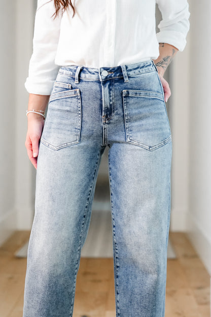 Risen Mid Rise Medium Wash Relaxed Fit Baggy Jeans with Patch Pockets