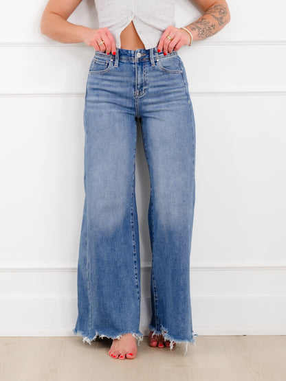 Risen High Rise Medium Wash Wide Leg Jeans