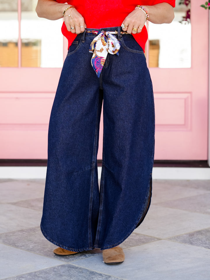 Saige High Rise Dark Wash Tummy Control Barrel Jeans With Open Sides - Freckled Poppy
