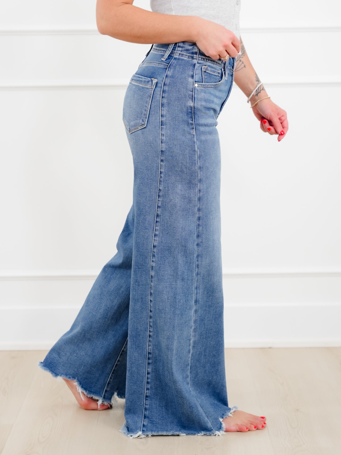 Risen High Rise Medium Wash Wide Leg Jeans
