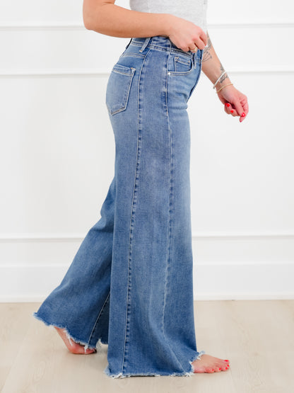 Risen High Rise Medium Wash Wide Leg Jeans
