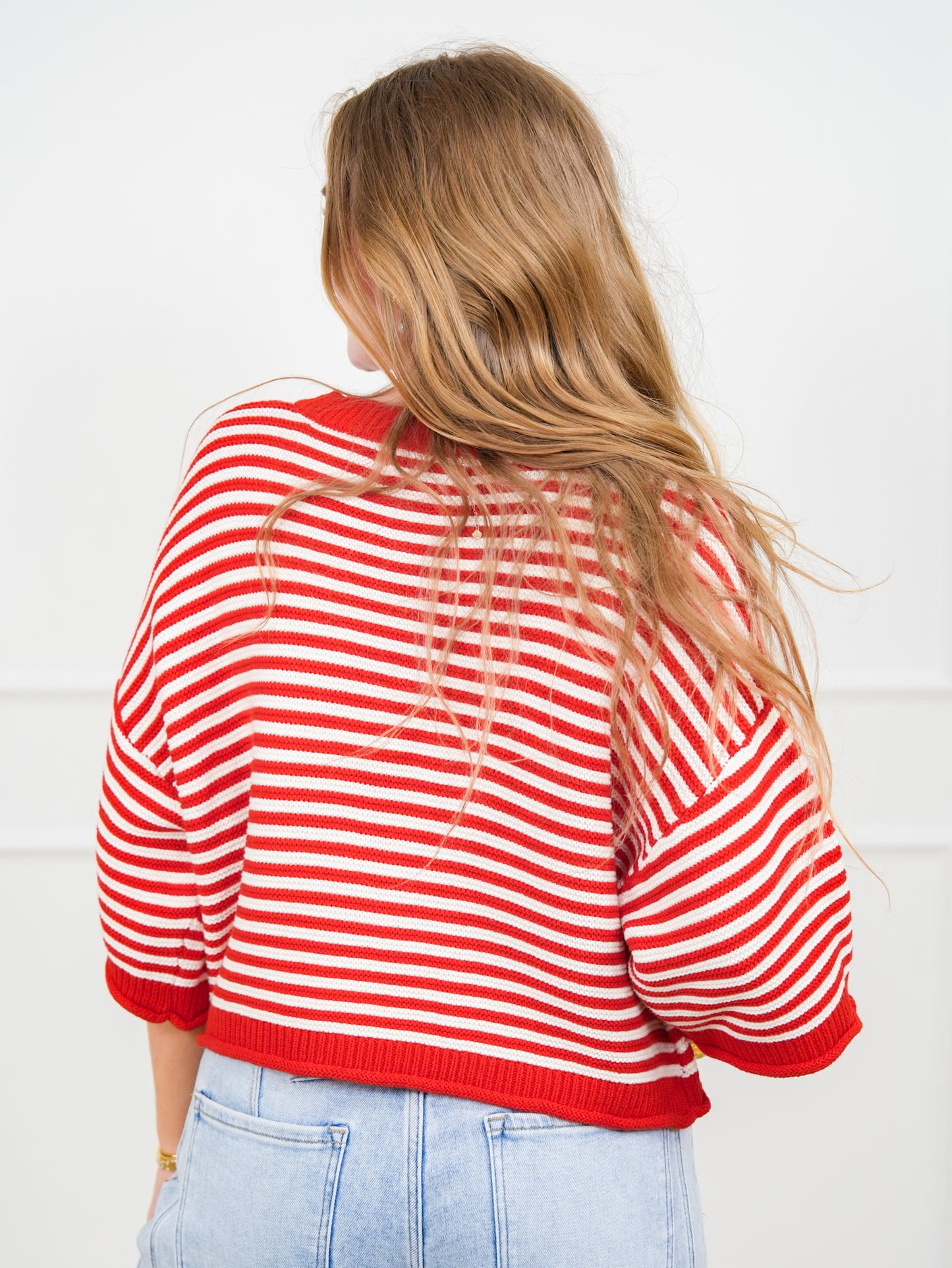 Red Stripe 3/4 Sleeve Button Down Cardigan