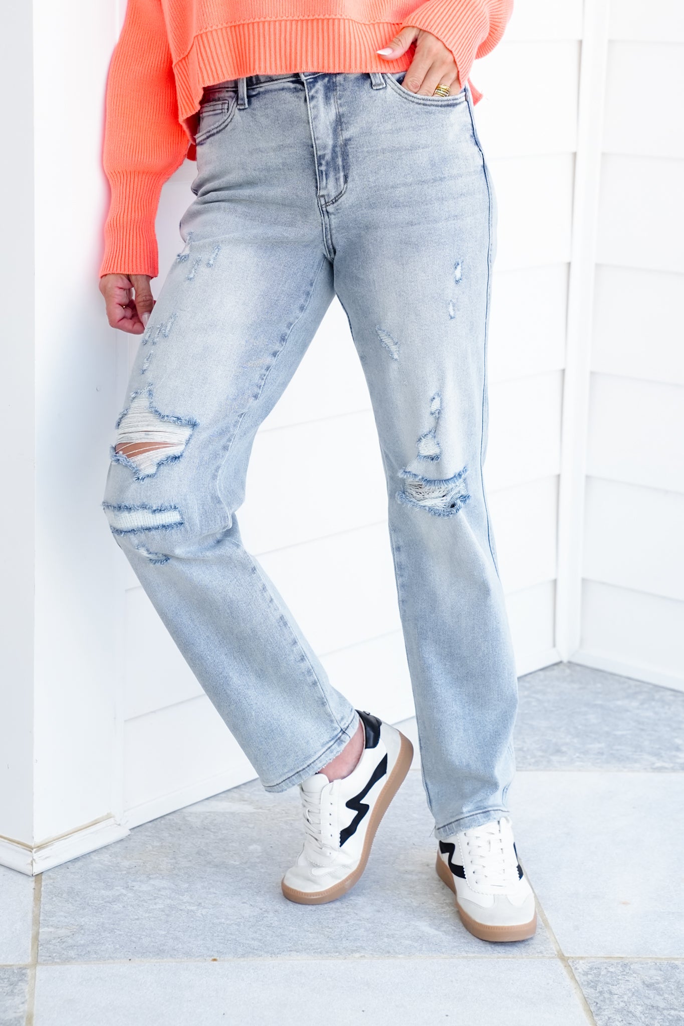 Judy Blue Mid Rise Light Wash Cuffed Boyfriend Jeans with Distressed Repair Stitch