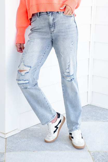 Judy Blue Mid Rise Light Wash Cuffed Boyfriend Jeans with Distressed Repair Stitch