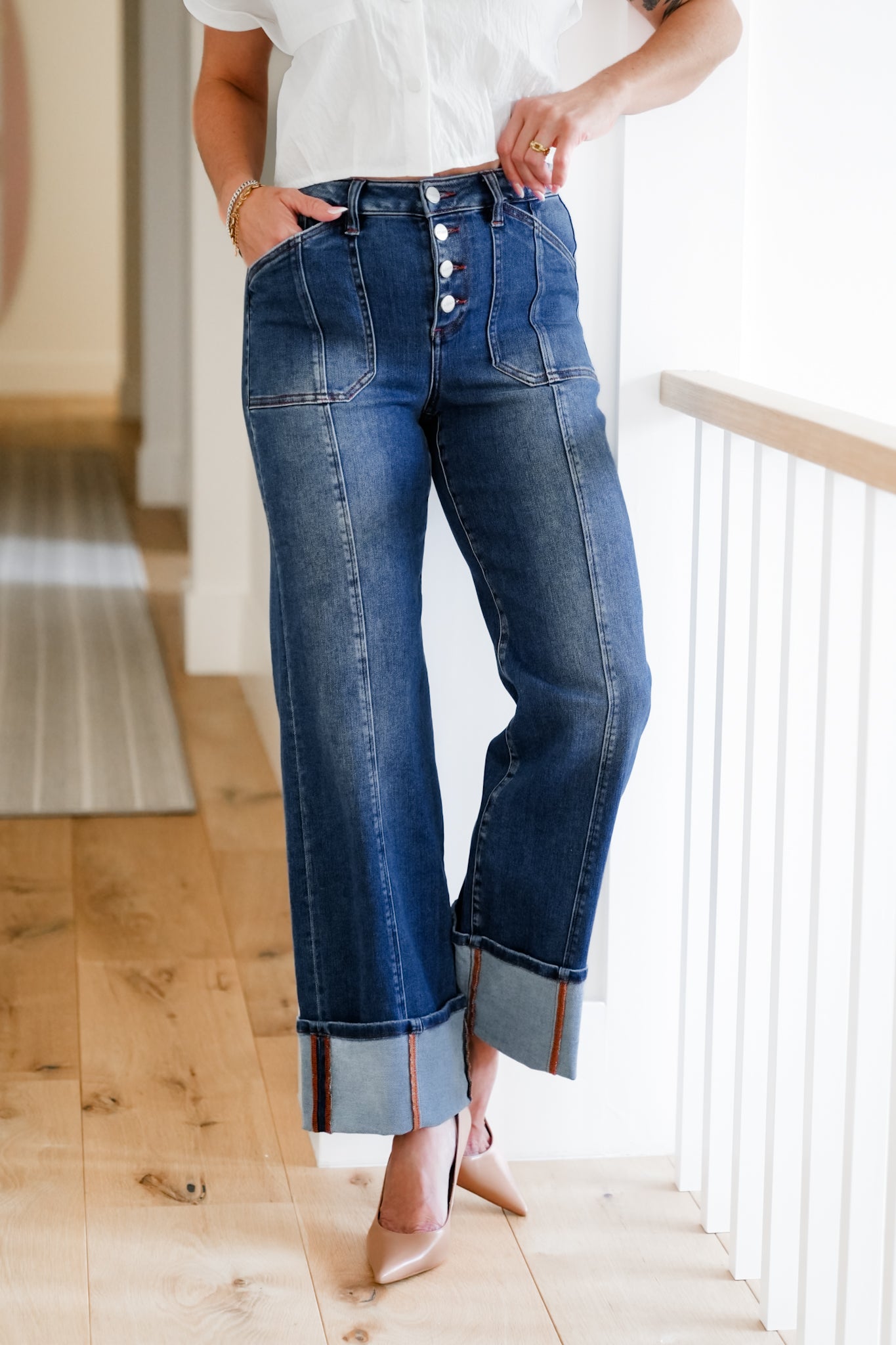 Risen Multi Inseam High Rise Dark Wash Cropped Wide Cuffed Straight Leg Jeans