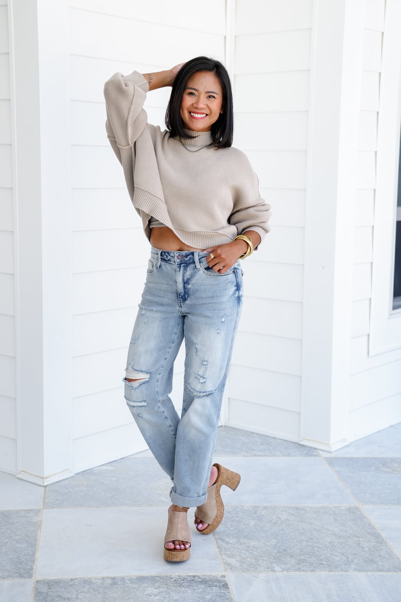 Judy Blue Mid Rise Light Wash Cuffed Boyfriend Jeans with Distressed Repair Stitch