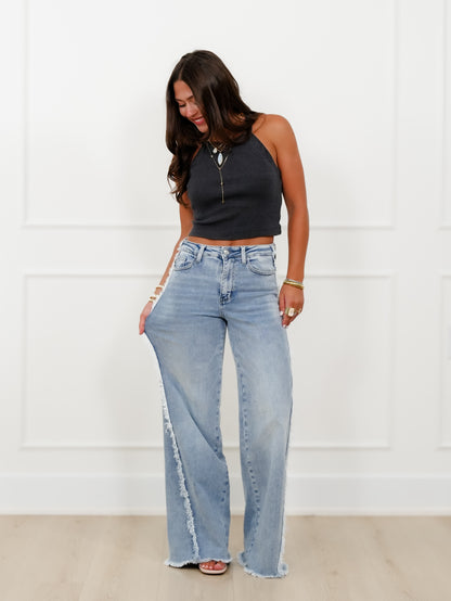 Judy Blue High Rise Light Wash Retro Wide Leg Jeans With Raw Twisted Outseam