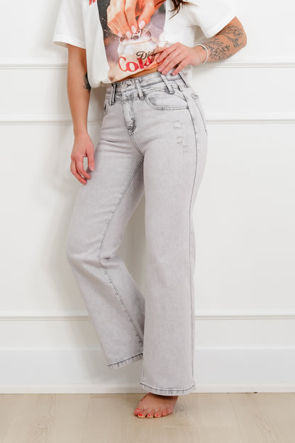 Saige High Rise Grey Acid Wash Tummy Control Wide Leg Jeans