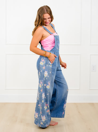 Plus/Reg Light Wash Wide Leg Overalls with Floral Print