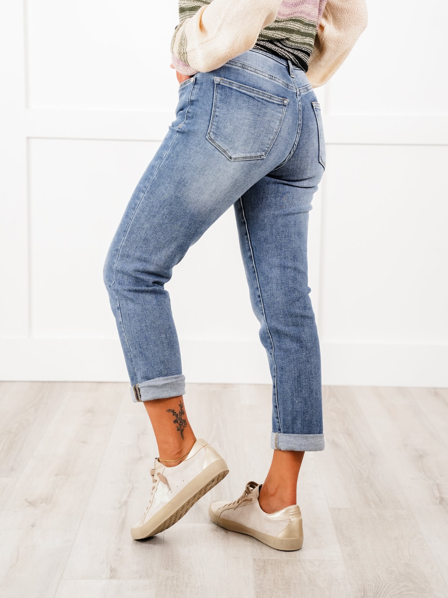 Special A Mid Rise Medium Wash Slim Cuffed Boyfriend Jeans