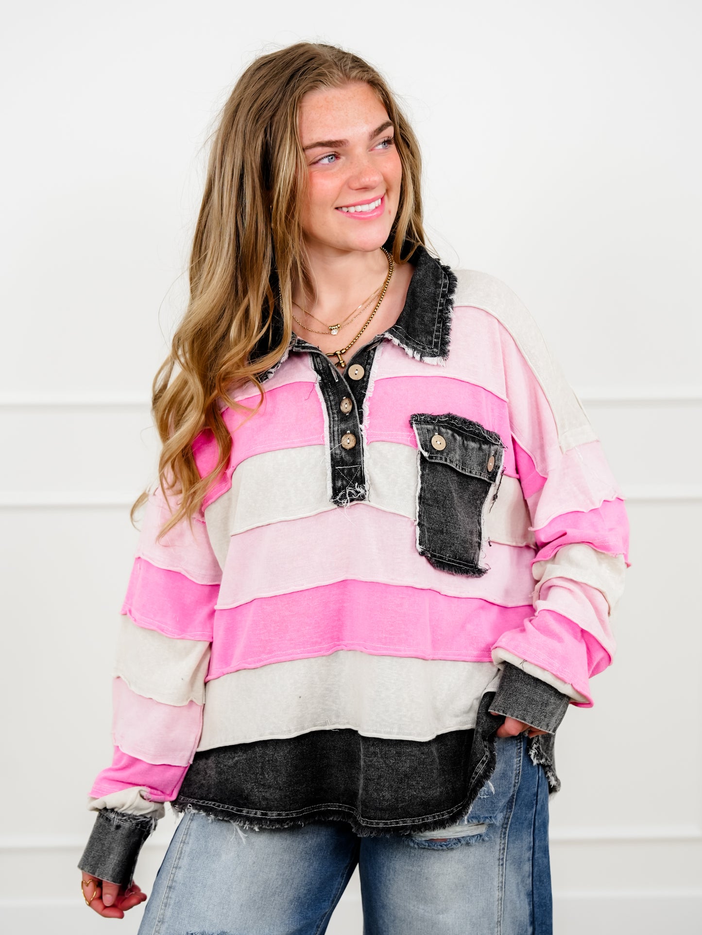Stripe Color Block Long Sleeve Henley Top