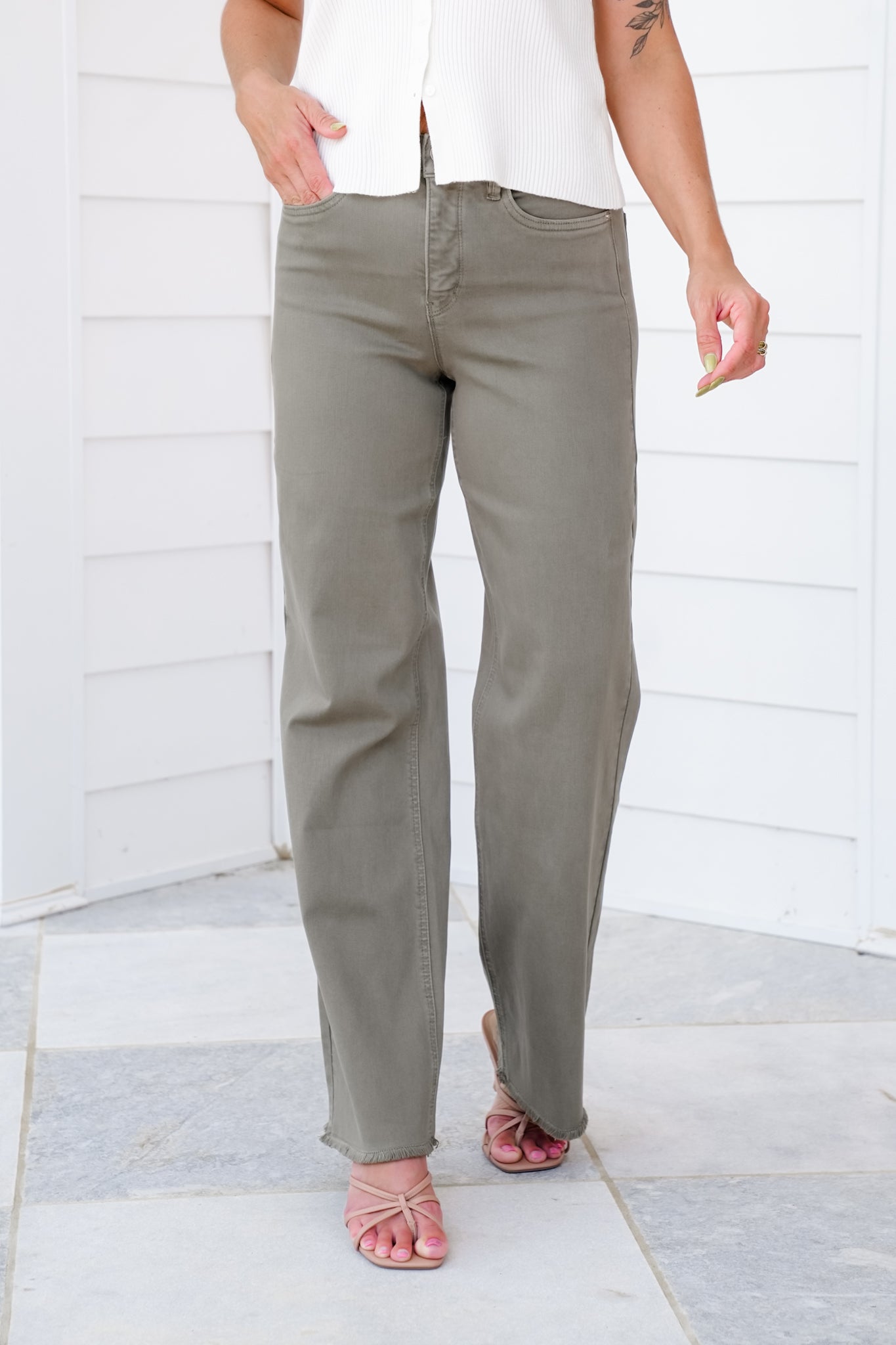 RFM High Rise Wide Leg Ankle Frayed Hem Jeans