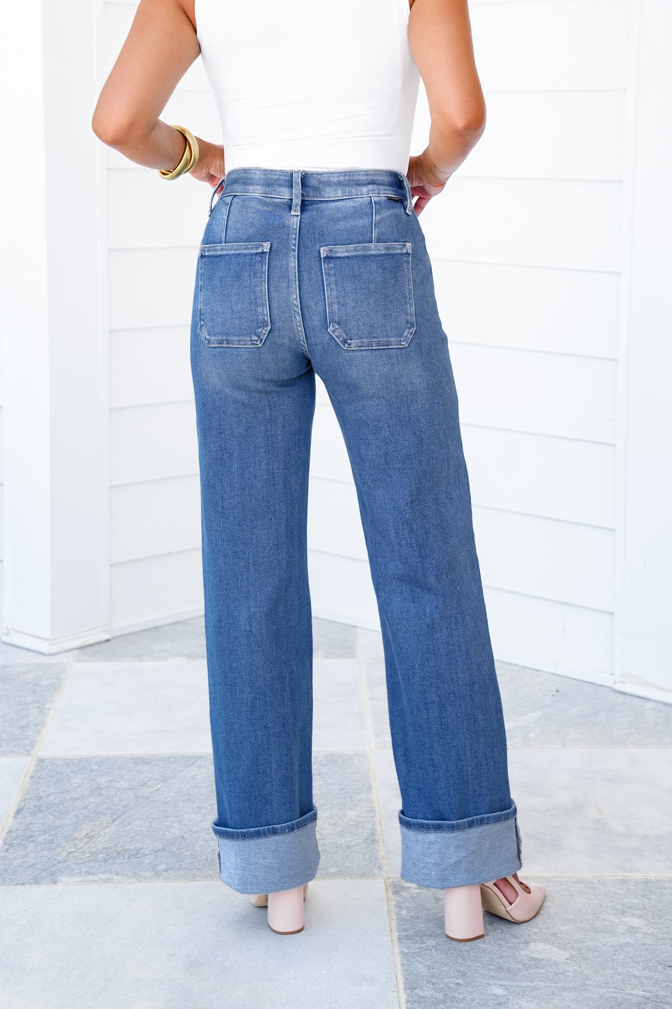 Risen High Rise Medium Wash Wide Leg Cuffed Front Patch Pocket Jeans with Elastic Waistband