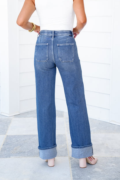 Risen High Rise Medium Wash Wide Leg Cuffed Front Patch Pocket Jeans with Elastic Waistband