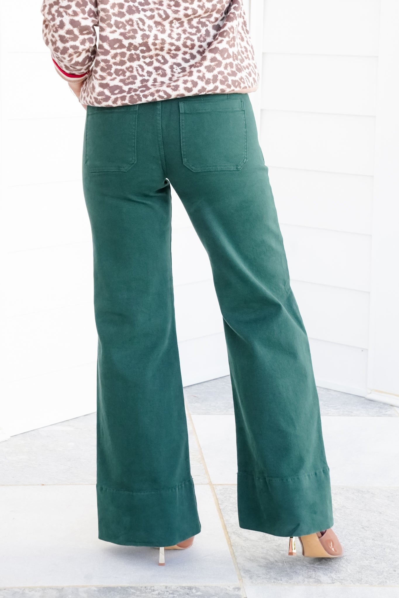 Risen Mid Rise Green Tummy Control Wide Leg Jeans with Large Wide Hem