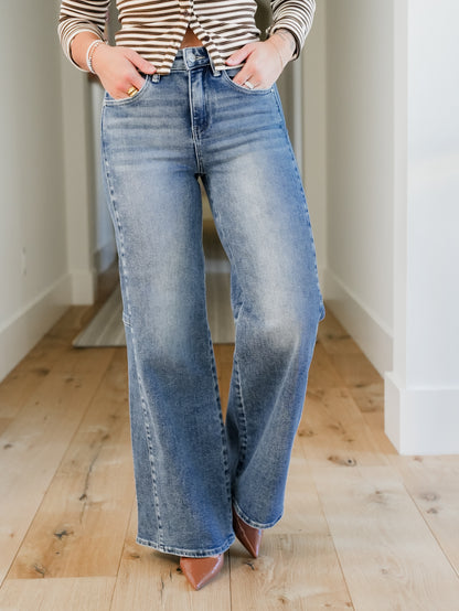 Risen High Rise Medium Wash Wide Leg Jeans With Contrast Side Panel