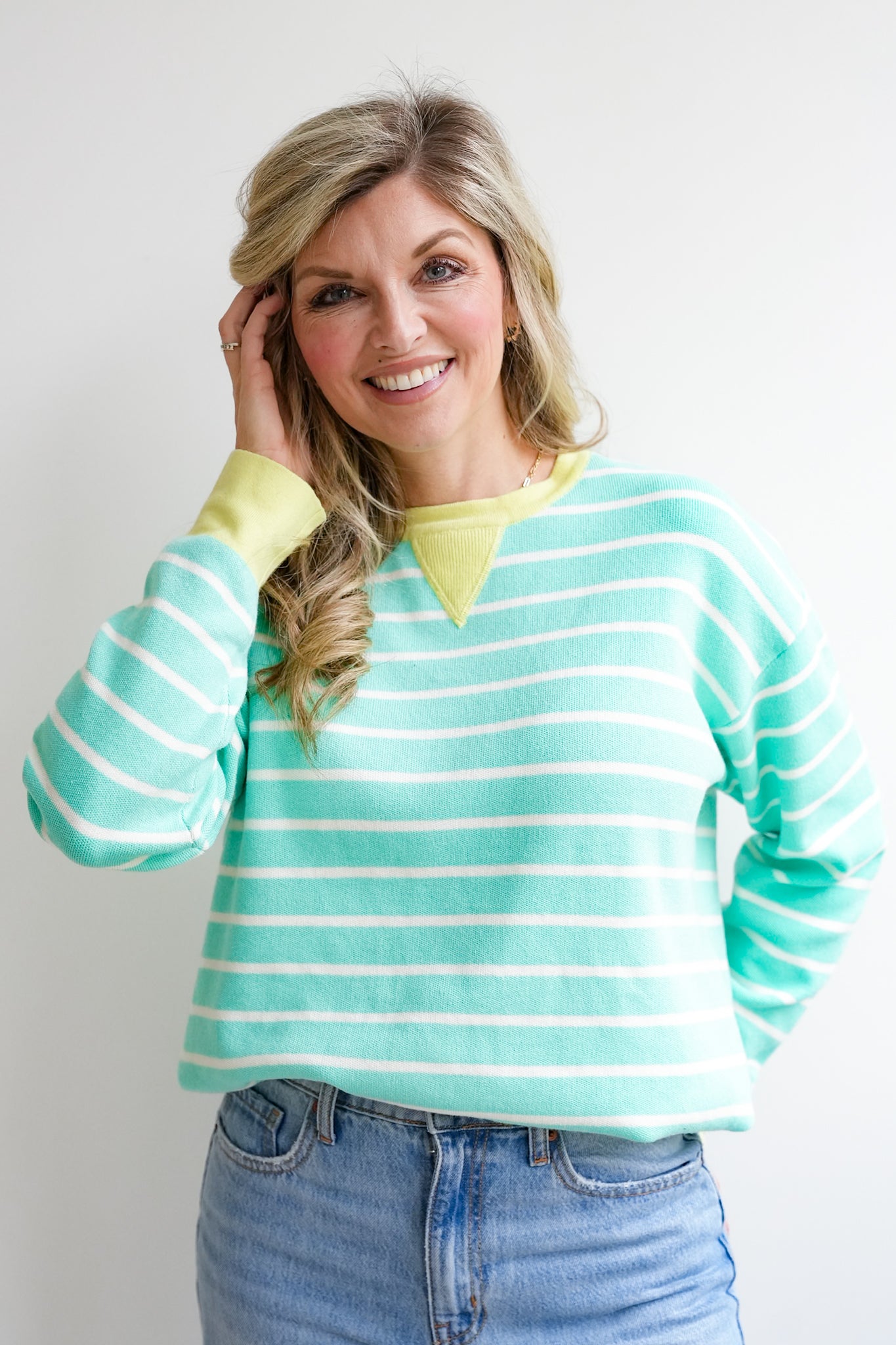 Stripe Long Sleeve Pullover Sweater with Contrast Trim
