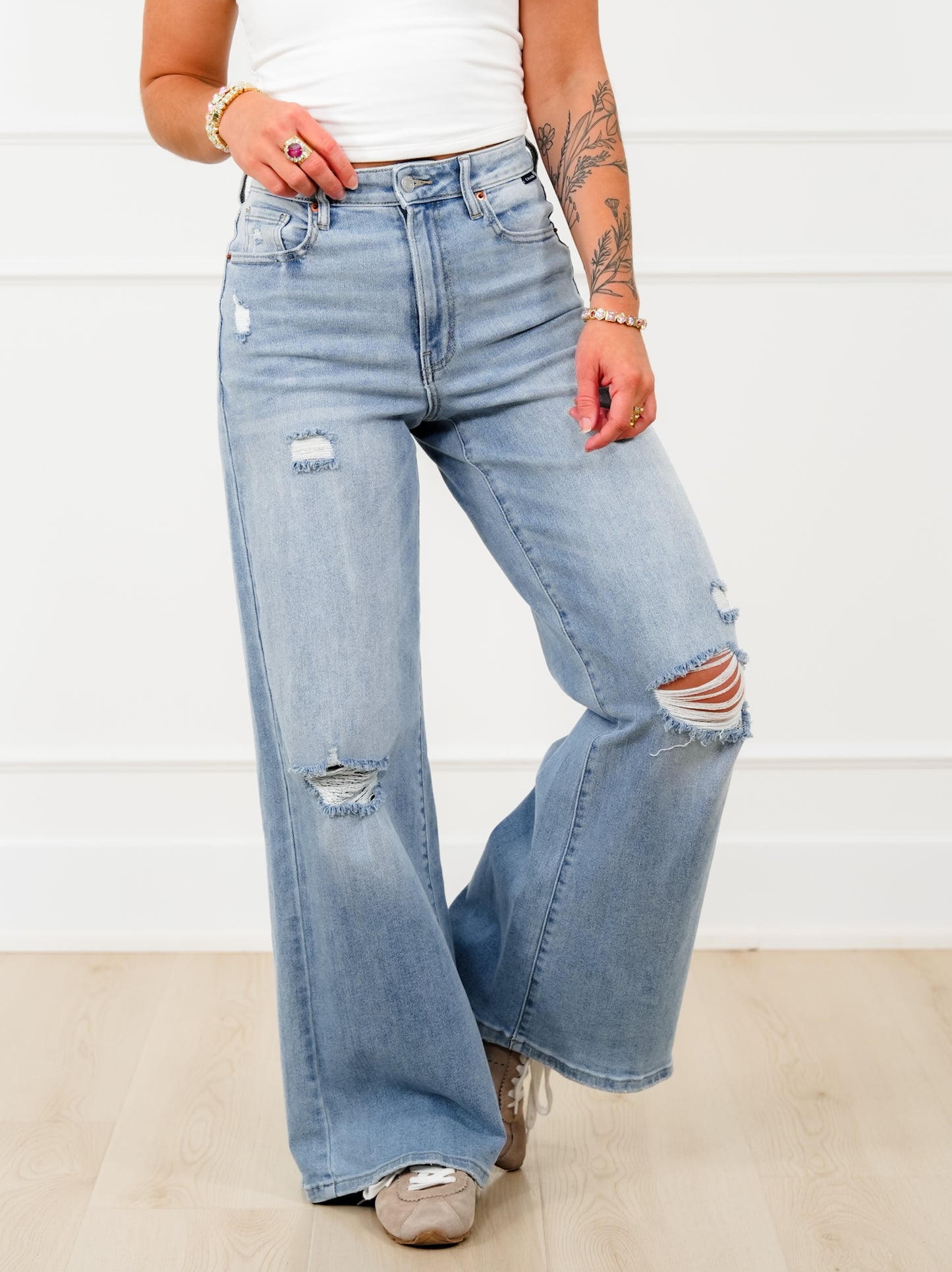 Cello High Rise Light Wash Distressed Wide Leg Jeans