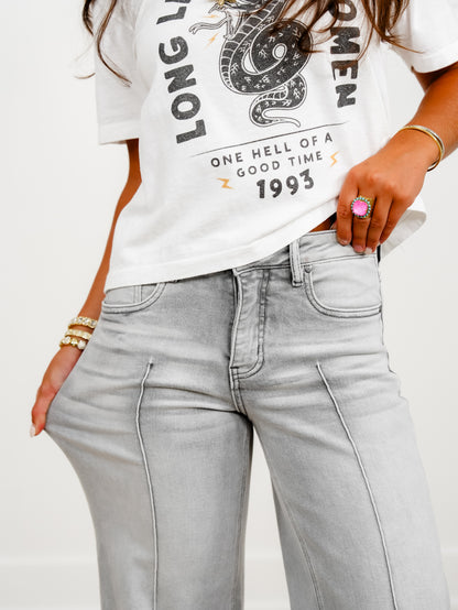 Risen The Wild Card Mid Rise Grey Tummy Control Wide Leg Front Pintuck Jeans
