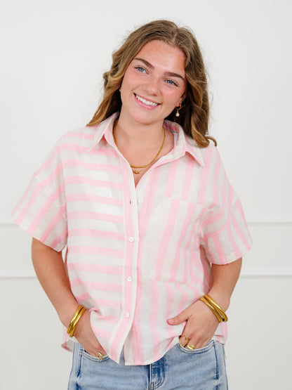Plus/Reg Stripe Color Block Short Sleeve Button Down Top
