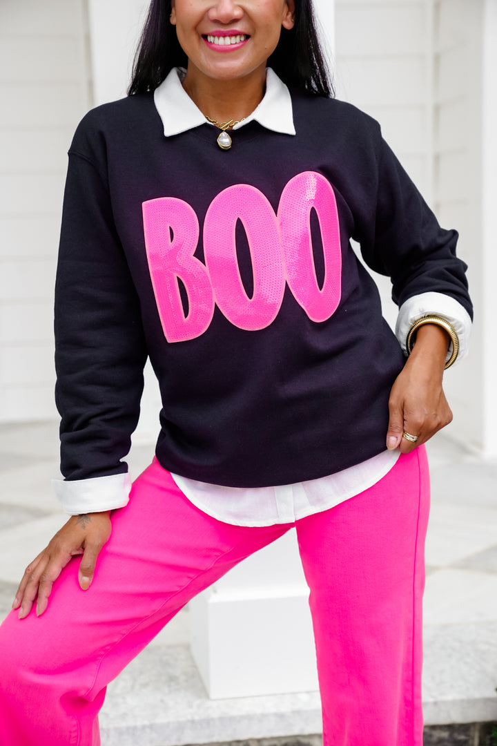 Plus/Reg Black Long Sleeve "Boo" Graphic Sweatshirt