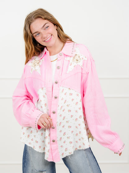 POL Floral Pattern Long Sleeve Button Up Top With Star Patch