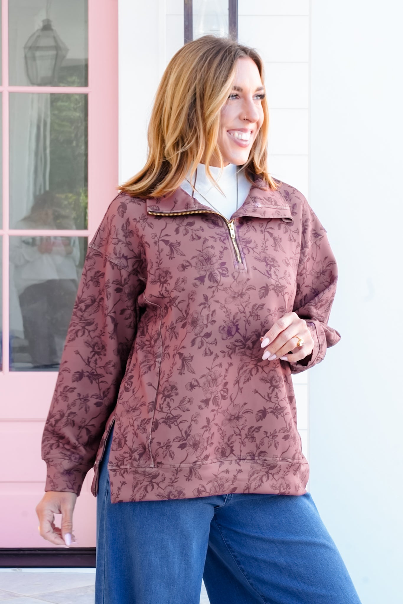 Plus/Reg Rosewood Print Long Sleeve 1/4 Zip Pullover Top