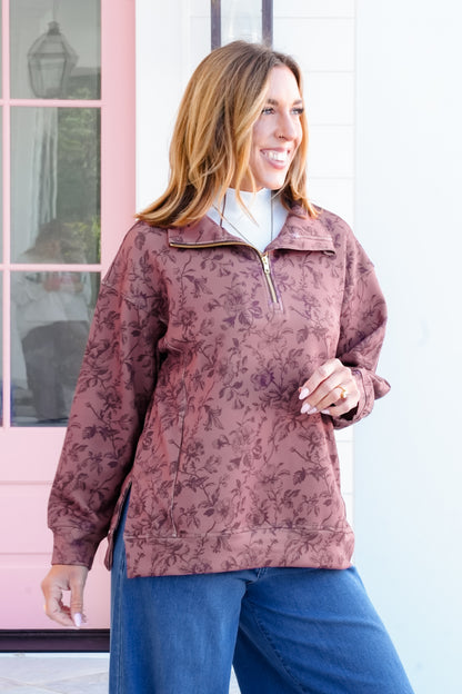 Plus/Reg Rosewood Print Long Sleeve 1/4 Zip Pullover Top