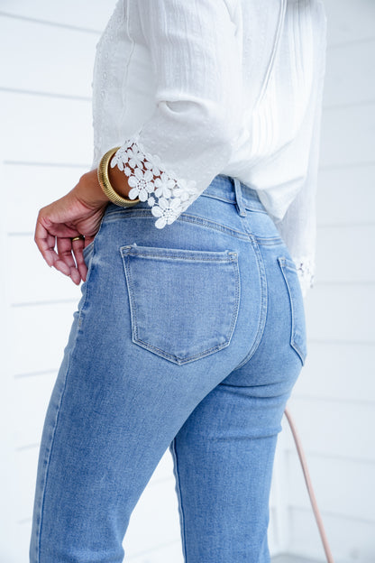 Risen High Rise Medium Wash Tummy Control Elastic Waistband Cropped Straight Leg Jeans