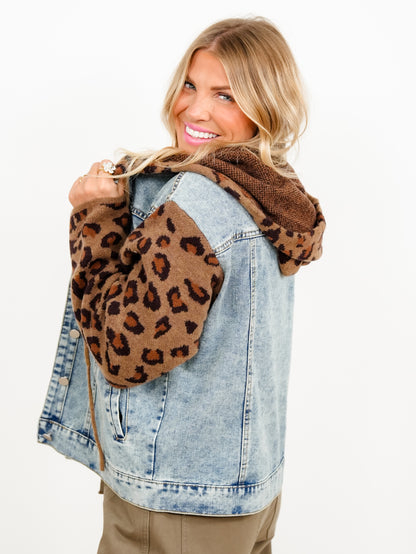 Contrast Animal Print Sleeve Hooded Jacket With Pockets