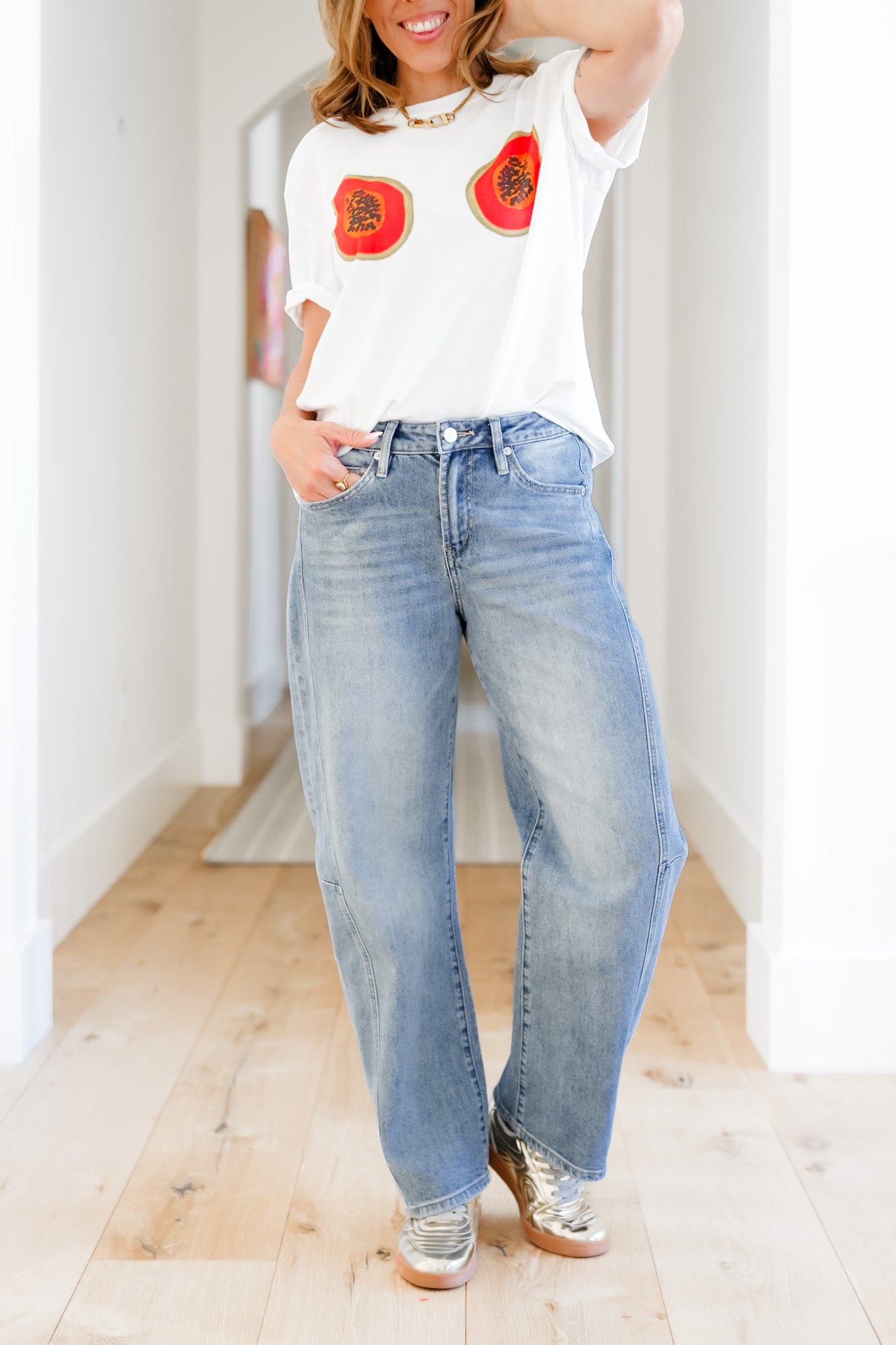 Mica High Rise Light Wash Barrel Jean with Cuffed Hem