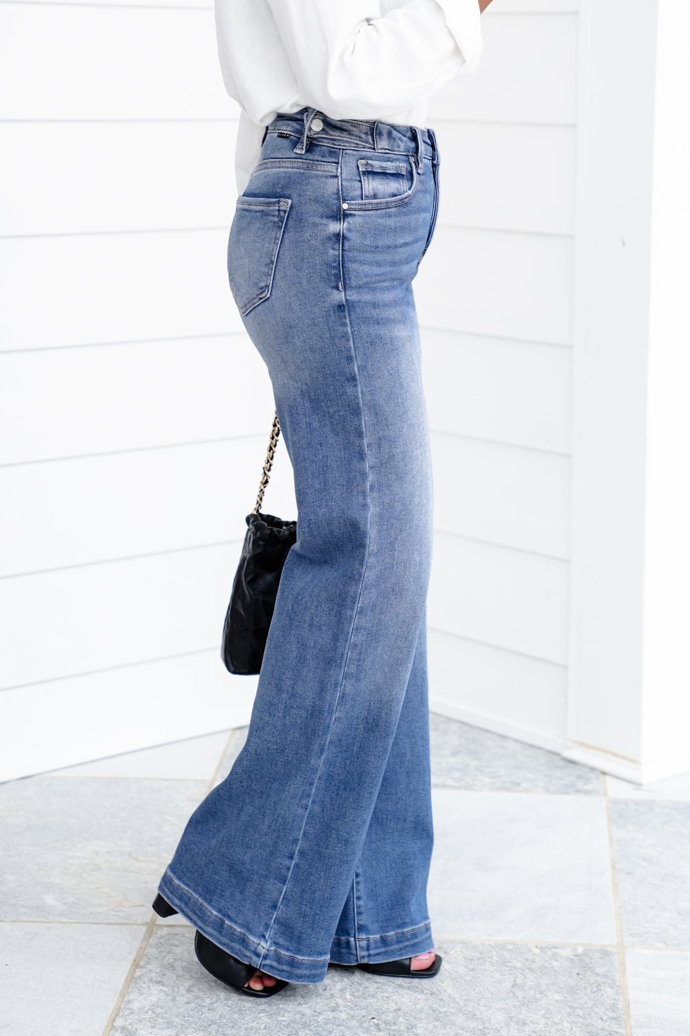 Risen High Rise Medium Wash Tummy Control Wide Leg Jeans with Adjustable Waistband