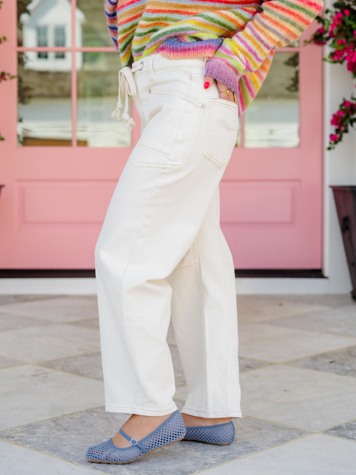 Risen High Rise Ivory Slouchy Barrel Jeans With Drawstring
