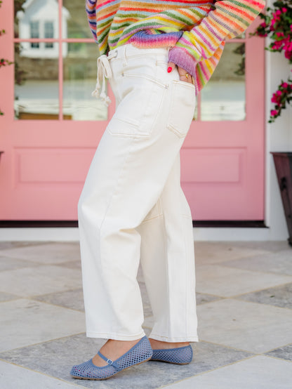 Risen High Rise Ivory Slouchy Barrel Jeans With Drawstring