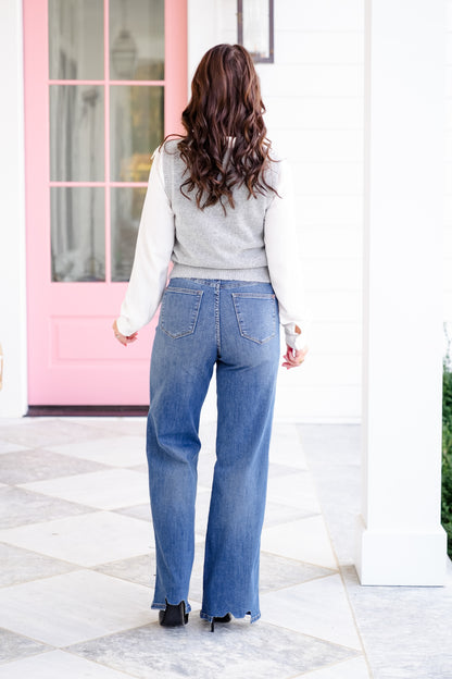 Judy Blue High Rise Medium Wash Tummy Control Chewed Hem Wide Leg Jeans