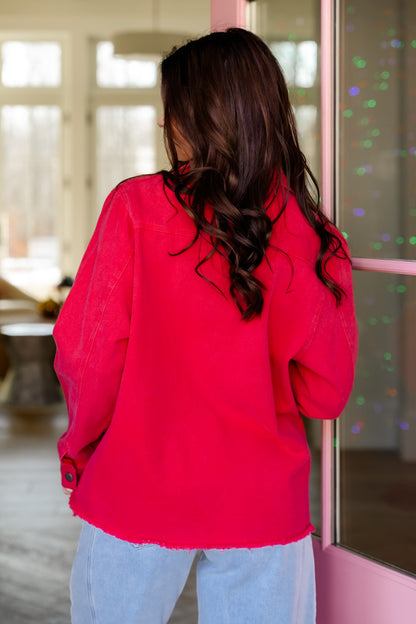 Long Sleeve Shacket with Lace Heart Pocket Detail