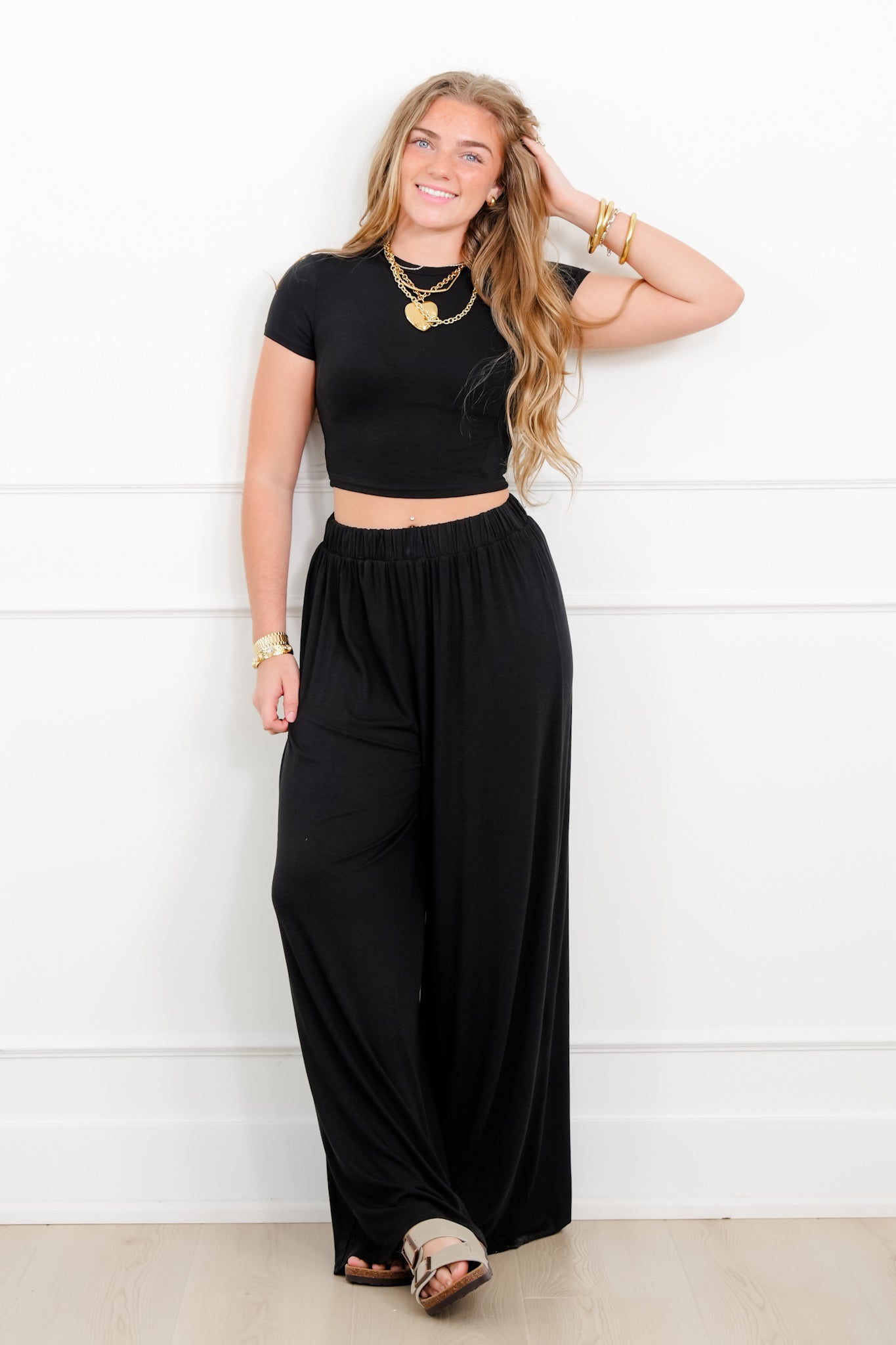 Black Short Sleeve Crop Top with Matching Pants Set