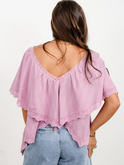 Short Sleeve Ruffle Top with Floral Embroidery - Freckled Poppy