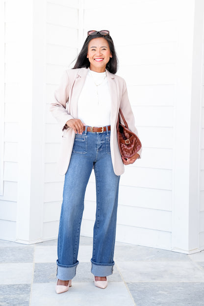 Risen High Rise Medium Wash Wide Leg Cuffed Front Patch Pocket Jeans with Elastic Waistband