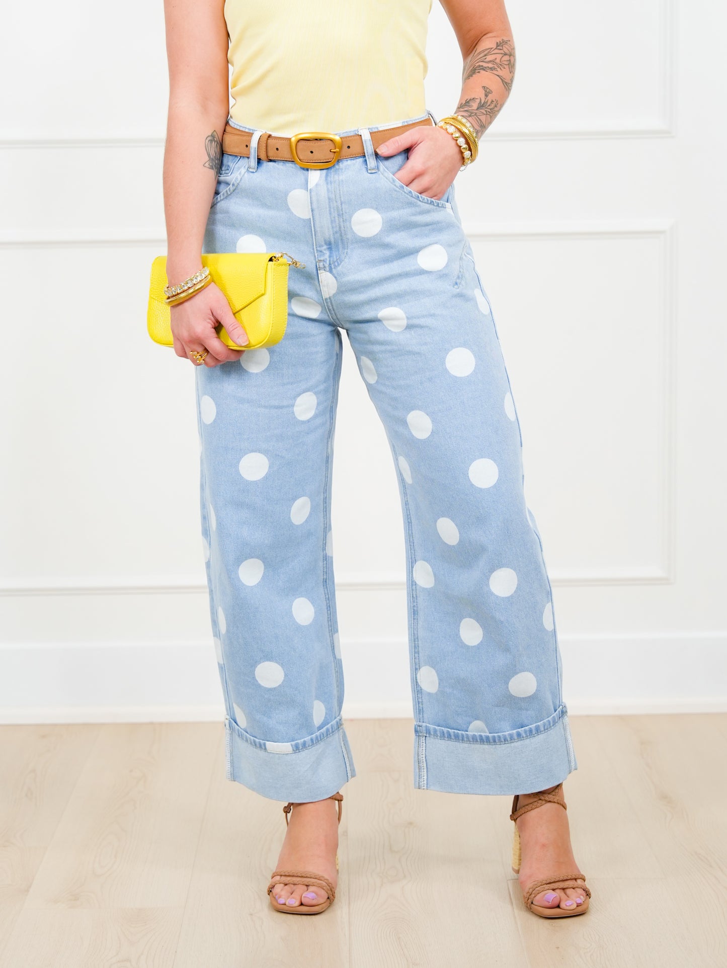 Restock! Light Wash Polka Dot Cuffed Barrel Pants