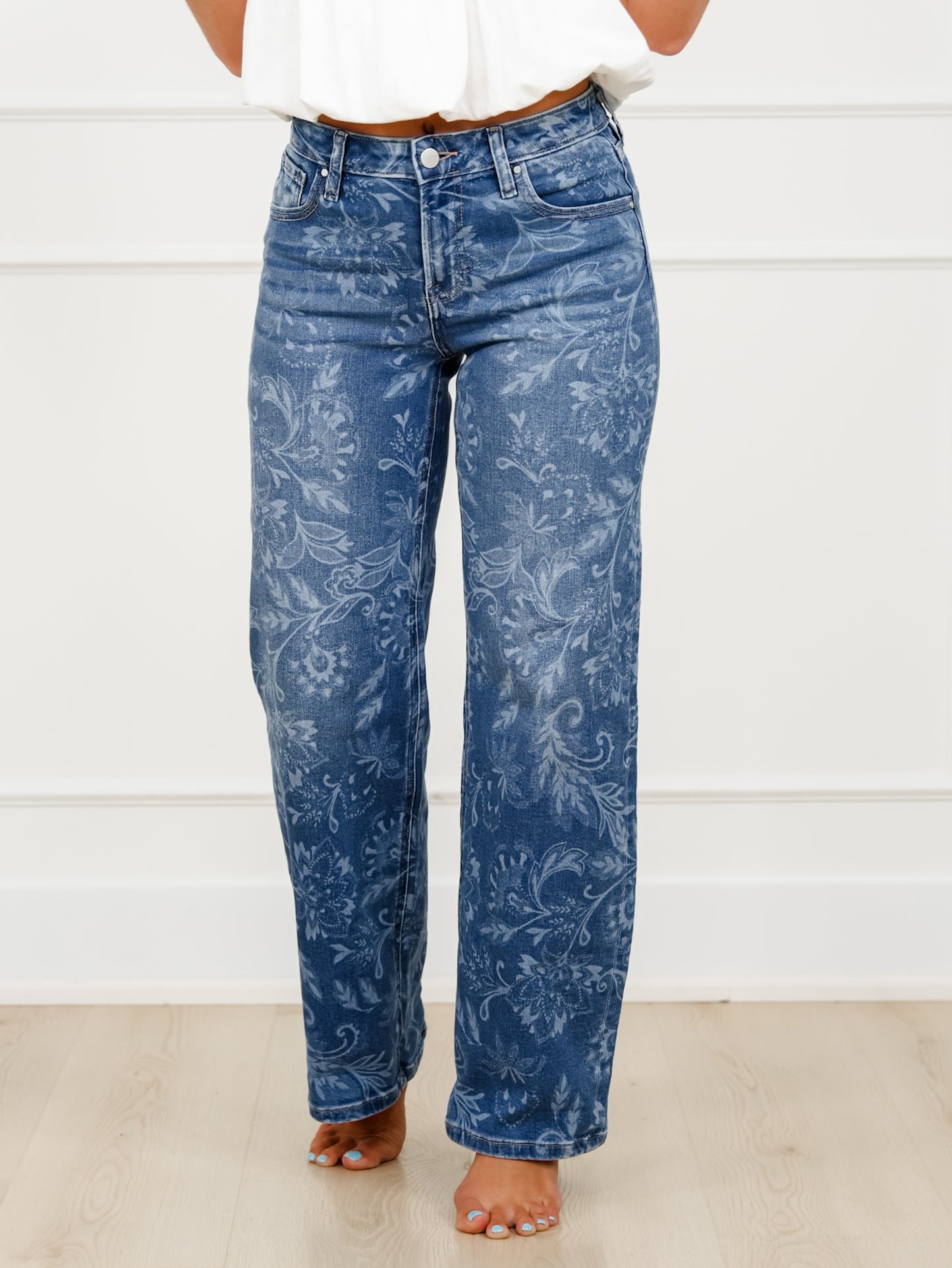 Risen Mid Rise Medium Wash Paisley Straight Leg Jeans