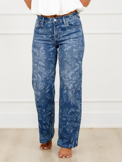 Risen Mid Rise Medium Wash Paisley Straight Leg Jeans