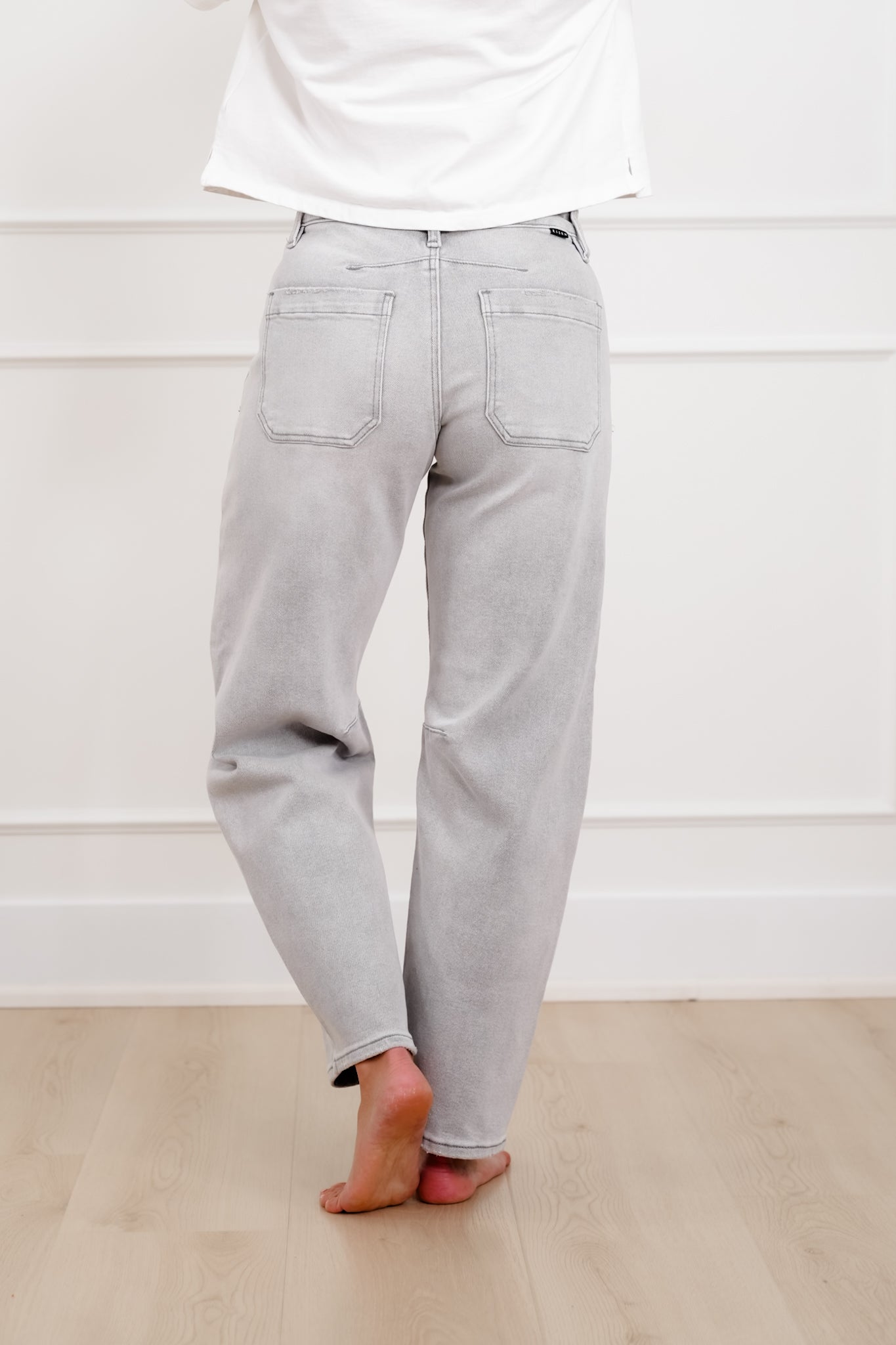 Risen The Stormi High Rise Grey Barrel Jeans with Patch Pockets