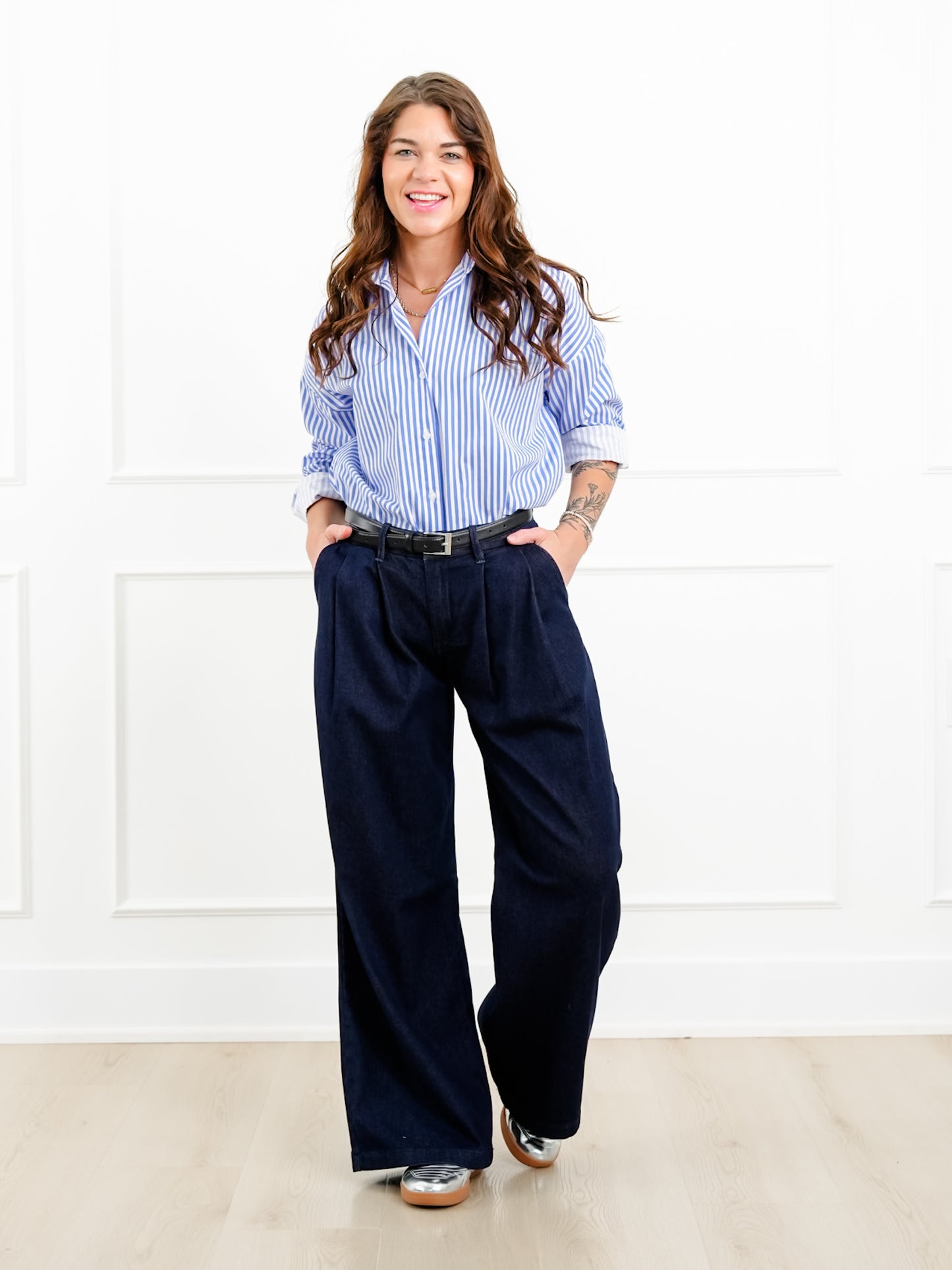 Risen Dark Wash Slouchy Palazzo Pleated Jeans - Freckled Poppy